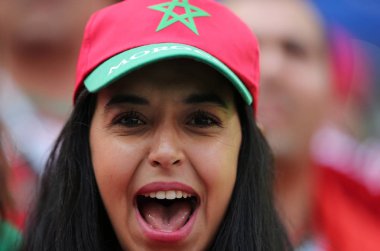 20.06.2018. Moskova, Rusya: Fas ve Portekiz hayranları FIFA Dünya Kupası Rusya 2018, B grubu, futbol Portekiz V Fas Moskova'da Lujniki Stadyumu arasında eşleme.