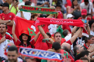20.06.2018. Moskova, Rusya: Fas ve Portekiz hayranları FIFA Dünya Kupası Rusya 2018, B grubu, futbol Portekiz V Fas Moskova'da Lujniki Stadyumu arasında eşleme.
