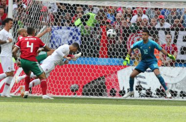 20.06.2018. Moskova, Rusya: Cristiano Ronaldo skoru hedef içinde FIFA Dünya Kupası Rusya 2018, B grubu, futbol Portekiz V Fas Moskova'da Lujniki Stadyumu arasında eşleme.
