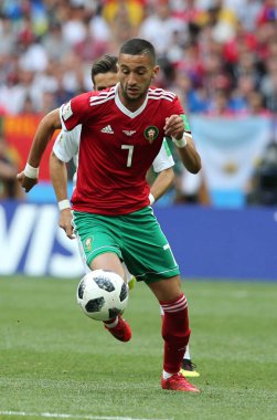 20.06.2018. Moskova, Rusya: Hakim Ziyech eylem sırasında FIFA Dünya Kupası Rusya 2018, B grubu, futbol maç arasında Portekiz V Fas Moskova'da Lujniki Stadyumu.