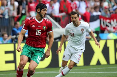20.06.2018. Moskova, Rusya: Amrabat, futbol FIFA Dünya Kupası Rusya 2018, B grubu sırasında eylem Portekiz V Fas Moskova'da Lujniki Stadyumu arasında eşleme.