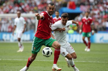 20.06.2018. Moskova, Rusya: Khalid Moutaib, eylem sırasında FIFA Dünya Kupası Rusya 2018, B grubu, futbol Cristiano Ronaldo Portekiz V Fas Moskova'da Lujniki Stadyumu arasında eşleme.