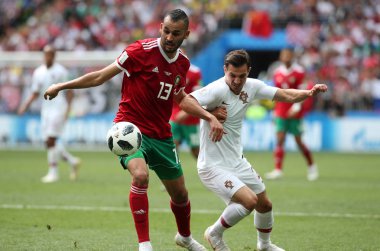 20.06.2018. Moskova, Rusya: Khalid Moutaib, eylem sırasında FIFA Dünya Kupası Rusya 2018, B grubu, futbol Cristiano Ronaldo Portekiz V Fas Moskova'da Lujniki Stadyumu arasında eşleme.