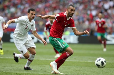 20.06.2018. Moskova, Rusya: Khalid Moutaib eylem sırasında FIFA Dünya Kupası Rusya 2018, B grubu, futbol Portekiz V Fas Moskova'da Lujniki Stadyumu arasında eşleme.