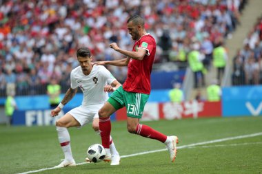 20.06.2018. Moskova, Rusya: Khalid Moutaib eylem sırasında FIFA Dünya Kupası Rusya 2018, B grubu, futbol Portekiz V Fas Moskova'da Lujniki Stadyumu arasında eşleme.