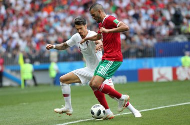 20.06.2018. Moskova, Rusya: Khalid Moutaib eylem sırasında FIFA Dünya Kupası Rusya 2018, B grubu, futbol Portekiz V Fas Moskova'da Lujniki Stadyumu arasında eşleme.
