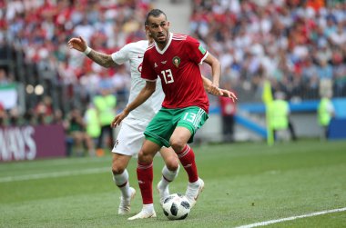 20.06.2018. Moskova, Rusya: Khalid Moutaib eylem sırasında FIFA Dünya Kupası Rusya 2018, B grubu, futbol Portekiz V Fas Moskova'da Lujniki Stadyumu arasında eşleme.