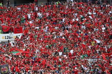 20.06.2018. Moskova, Rusya: Fas hayranları FIFA Dünya Kupası Rusya 2018, B grubu, futbol sırasında Portekiz V Fas Moskova'da Lujniki Stadyumu arasında eşleme.