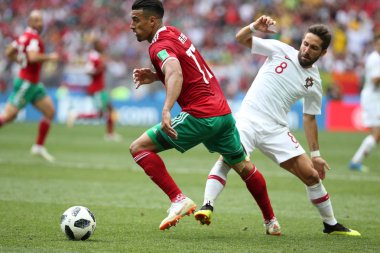 20.06.2018. Moskova, Rusya: Faycal Fajr eylem sırasında FIFA Dünya Kupası Rusya 2018, B grubu, futbol Portekiz V Fas Moskova'da Lujniki Stadyumu arasında eşleme.