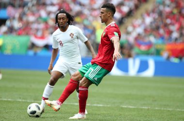 20.06.2018. Moskova, Rusya: Nabil Dirar eylem sırasında FIFA Dünya Kupası Rusya 2018, B grubu, futbol Portekiz V Fas Moskova'da Lujniki Stadyumu arasında eşleme.