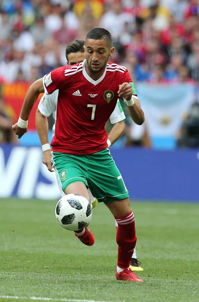 20.06.2018. Moskova, Rusya: Hakim Ziyech eylem sırasında FIFA Dünya Kupası Rusya 2018, B grubu, futbol maç arasında Portekiz V Fas Moskova'da Lujniki Stadyumu.