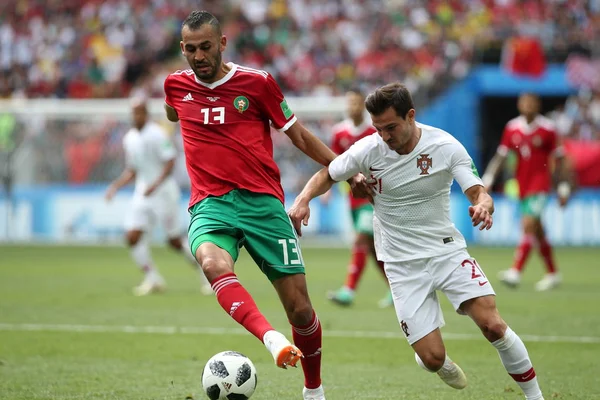 20.06.2018. Moskova, Rusya: Khalid Moutaib, eylem sırasında FIFA Dünya Kupası Rusya 2018, B grubu, futbol Cristiano Ronaldo Portekiz V Fas Moskova'da Lujniki Stadyumu arasında eşleme.