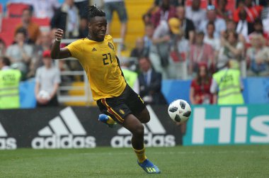 23.06.2018. Moskova, Rusya: Michy Batshuayi eylem FIFA Dünya Kupası Rusya 2018, C grubu, futbol sırasında Belçika V Tunus Moskova Stadı Spartak Stadyumu arasında eşleme