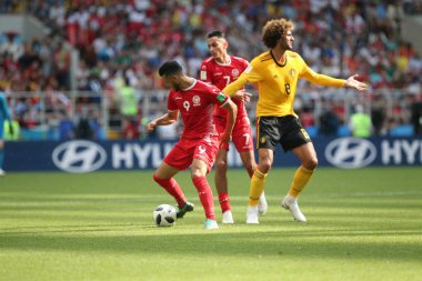 23.06.2018. Moskova, Rusya: sanagüzel Badri, Marouane Fellaini eylem FIFA Dünya Kupası Rusya 2018, C grubu, futbol sırasında Belçika V Tunus Moskova Stadı Spartak Stadyumu arasında eşleme