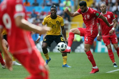 23.06.2018. Moskova, Rusya: Vincent Kompany eylem FIFA Dünya Kupası Rusya 2018, C grubu, futbol sırasında Belçika V Tunus Moskova Stadı Spartak Stadyumu arasında eşleme