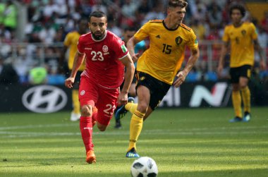 23.06.2018. Moskova, Rusya: Naim Sliti, Marouane Fellaini eylem FIFA Dünya Kupası Rusya 2018, C grubu, futbol sırasında Belçika V Tunus Moskova Stadı Spartak Stadyumu arasında eşleme