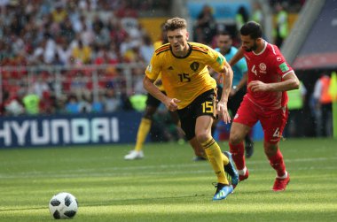 23.06.2018. Moskova, Rusya: Thomas Meunier eylem FIFA Dünya Kupası Rusya 2018, C grubu, futbol sırasında Belçika V Tunus Moskova Stadı Spartak Stadyumu arasında eşleme