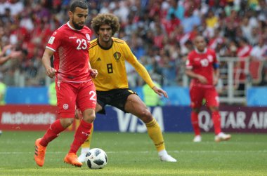 23.06.2018. Moskova, Rusya: Naim Sliti eylem sırasında FIFA Dünya Kupası Rusya 2018, C grubu, futbol maç arasında Belçika V Tunus Moskova Stadı Spartak stadyumu