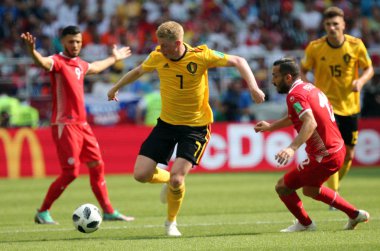 23.06.2018. Moskova, Rusya: Kevin De Bruyne eylem FIFA Dünya Kupası Rusya 2018, C grubu, futbol sırasında Belçika V Tunus Moskova Stadı Spartak Stadyumu arasında eşleme