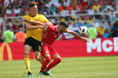23.06.2018. Moskova, Rusya: Thomas Meunier, eylem sırasında FIFA Dünya Kupası Rusya 2018, C grubu, futbol sanagüzel Badri Belçika V Tunus Moskova Stadı Spartak Stadyumu arasında eşleme