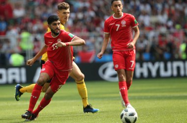 23.06.2018. Moskova, Rusya: Ferjani Sassi içinde hareket FIFA Dünya Kupası Rusya 2018, C grubu, futbol sırasında Belçika V Tunus Moskova Stadı Spartak Stadyumu arasında eşleme