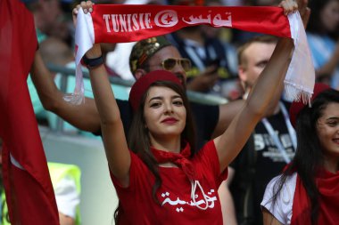 23.06.2018. Moskova, Rusya: Tunus fanlar üzerinde duruyor FIFA Dünya Kupası Rusya 2018, C grubu, futbol maç arasında Belçika V Tunus Moskova Stadı Spartak stadyumu