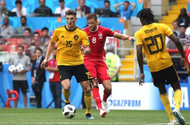 23.06.2018. Moskova, Rusya: Thomas Meunier, Fakhreddine Ben Youssef eylem FIFA Dünya Kupası Rusya 2018, C grubu, futbol sırasında Belçika V Tunus Moskova Stadı Spartak Stadyumu arasında eşleme
