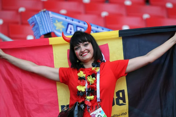 2018 Moscou Rússia Bélgica Fans Celebrates Victório Copa Mundo Fifa — Fotografia de Stock