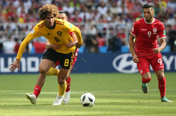 23.06.2018. Moskova, Rusya: Saif Eddine Khaoui, Marouane Fellaini eylem FIFA Dünya Kupası Rusya 2018, C grubu, futbol sırasında Belçika V Tunus Moskova Stadı Spartak Stadyumu arasında eşleme