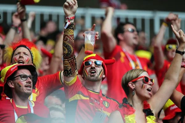 23.06.2018. Moskova, Rusya: Belçika hayranları kutluyor zafer içinde FIFA Dünya Kupası Rusya 2018, C grubu, Belçika V Tunus Moskova Stadı Spartak stadyumu futbol maçı