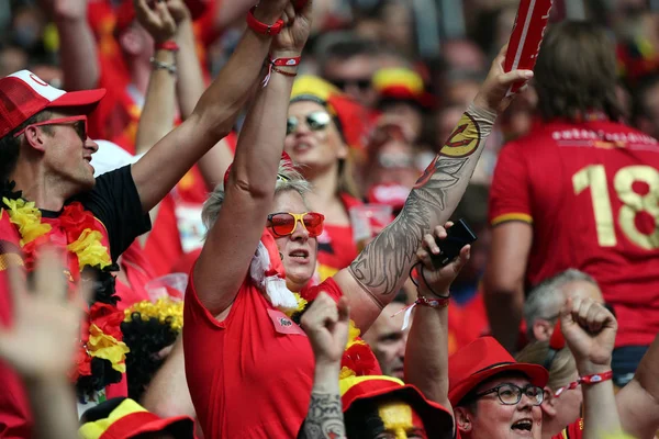 23.06.2018. Moskova, Rusya: Belçika hayranları kutluyor zafer içinde FIFA Dünya Kupası Rusya 2018, C grubu, Belçika V Tunus Moskova Stadı Spartak stadyumu futbol maçı