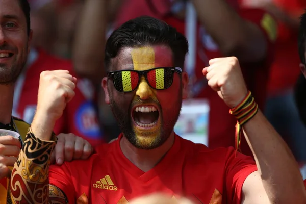 2018 Moskwa Rosyjski Belgia Fanów Świętuje Zwycięstwo Fifa World Cup — Zdjęcie stockowe