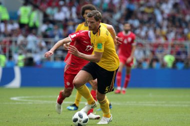 23.06.2018. Moskova, Rusya: Jan Vertonghen eylem FIFA Dünya Kupası Rusya 2018, C grubu, futbol sırasında Belçika V Tunus Moskova Stadı Spartak Stadyumu arasında eşleme
