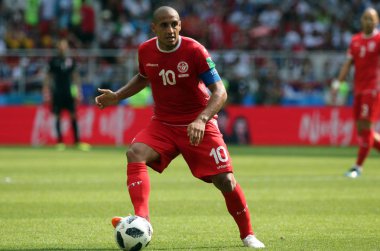 23.06.2018. Moskova, Rusça: Wahbi Khazri eylem FIFA Dünya Kupası Rusya 2018, C grubu, futbol sırasında Belçika V Tunus Moskova Stadı Spartak Stadyumu arasında eşleme