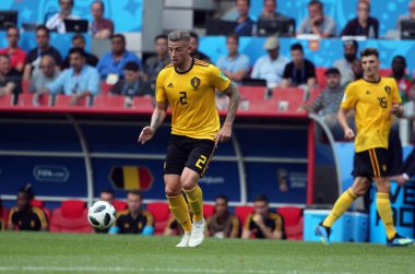 23.06.2018. Moskova, Rusya: Toby Alderweireld eylem sırasında FIFA Dünya Kupası Rusya 2018, C grubu, futbol maç arasında Belçika V Tunus Moskova Stadı Spartak stadyumu