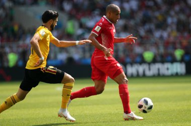 23.06.2018. Moskova, Rusça: Wahbi Khazri, Yannick Carrasco eylem FIFA Dünya Kupası Rusya 2018, C grubu, futbol sırasında Belçika V Tunus Moskova Stadı Spartak Stadyumu arasında eşleme