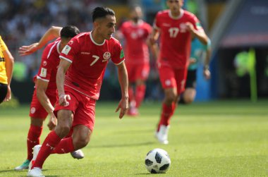 23.06.2018. Moskova, Rusya: Saif Eddine Khaoui eylem sırasında FIFA Dünya Kupası Rusya 2018, C grubu, futbol maç arasında Belçika V Tunus Moskova Stadı Spartak stadyumu