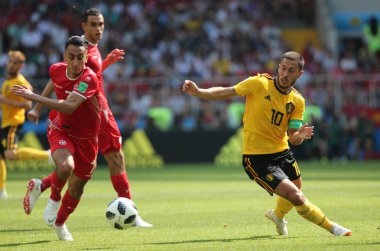 23.06.2018. Moskova, Rusya: Saif Eddine Khaoui, eylem sırasında FIFA Dünya Kupası Rusya 2018, C grubu, futbol Eden Hazard Belçika V Tunus Moskova Stadı Spartak Stadyumu arasında eşleme