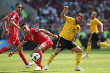 23.06.2018. Moskova, Rusya: Saif Eddine Khaoui, eylem sırasında FIFA Dünya Kupası Rusya 2018, C grubu, futbol Eden Hazard Belçika V Tunus Moskova Stadı Spartak Stadyumu arasında eşleme