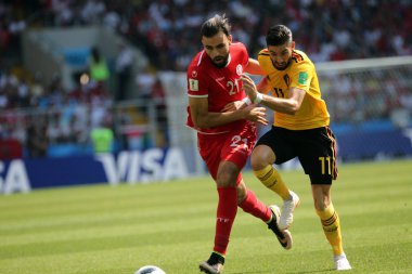 23.06.2018. Moskova, Rusya: Hamdi Nagguez, Yannick Carrasco eylem FIFA Dünya Kupası Rusya 2018, C grubu, futbol sırasında Belçika V Tunus Moskova Stadı Spartak Stadyumu arasında eşleme