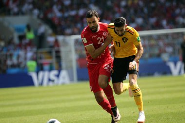 23.06.2018. Moskova, Rusya: Hamdi Nagguez, Yannick Carrasco eylem FIFA Dünya Kupası Rusya 2018, C grubu, futbol sırasında Belçika V Tunus Moskova Stadı Spartak Stadyumu arasında eşleme
