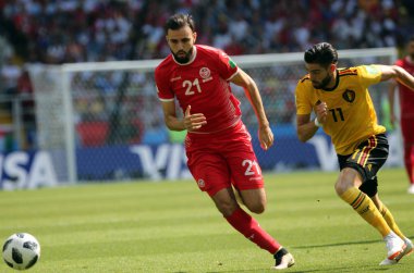 23.06.2018. Moskova, Rusya: Hamdi Nagguez, Yannick Carrasco eylem FIFA Dünya Kupası Rusya 2018, C grubu, futbol sırasında Belçika V Tunus Moskova Stadı Spartak Stadyumu arasında eşleme