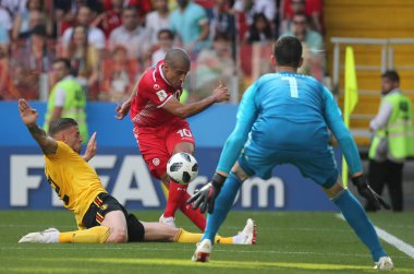23.06.2018. Moskova, Rusça: Wahbi Khazri, Toby Alderweireld eylem FIFA Dünya Kupası Rusya 2018, C grubu, futbol sırasında Belçika V Tunus Moskova Stadı Spartak Stadyumu arasında eşleme