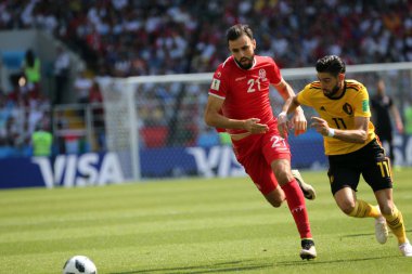23.06.2018. Moskova, Rusya: Hamdi Nagguez, Yannick Carrasco eylem FIFA Dünya Kupası Rusya 2018, C grubu, futbol sırasında Belçika V Tunus Moskova Stadı Spartak Stadyumu arasında eşleme