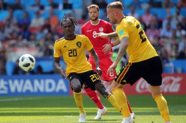 23.06.2018. Moskova, Rusça: Dedryck Boyata eylem FIFA Dünya Kupası Rusya 2018, C grubu, futbol sırasında Belçika V Tunus Moskova Stadı Spartak Stadyumu arasında eşleme