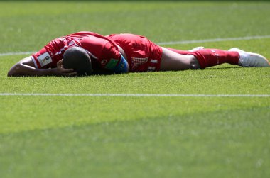 23.06.2018. Moskova, Rusça: Wahbi Khazri, yaralandı, futbol FIFA Dünya Kupası Rusya 2018, C grubu sırasında Belçika V Tunus Moskova Stadı Spartak Stadyumu arasında eşleme