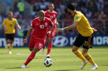 23.06.2018. Moskova, Rusça: Wahbi Khazri, Jan Vertonghen eylem FIFA Dünya Kupası Rusya 2018, C grubu, futbol sırasında Belçika V Tunus Moskova Stadı Spartak Stadyumu arasında eşleme