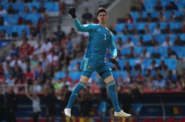 23.06.2018. Moskova, Rusya: Thiabaut Courtois'e kutluyor Belçika V Tunus Moskova Stadı Spartak Stadyumu arasında FIFA Dünya Kupası Rusya 2018, C grubu, futbol maçında gol