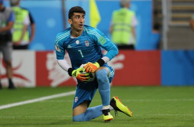 25.06.2018. Saransk, Rusça: Ali Beiranvand eylem sırasında FIFA Dünya Kupası Rusya 2018, B grubu, futbol maç arasında Iran V Portekiz Mordovia Saransk Arena Stadyumu.