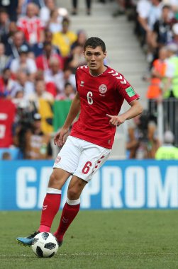 26.06.2018. Moskova, Rusya: Andreas Christensen eylem sırasında FIFA Dünya Kupası Rusya 2018, C grubu, futbol maç arasında Danimarka V Fransa Moskova'da Lujniki Stadyumu.